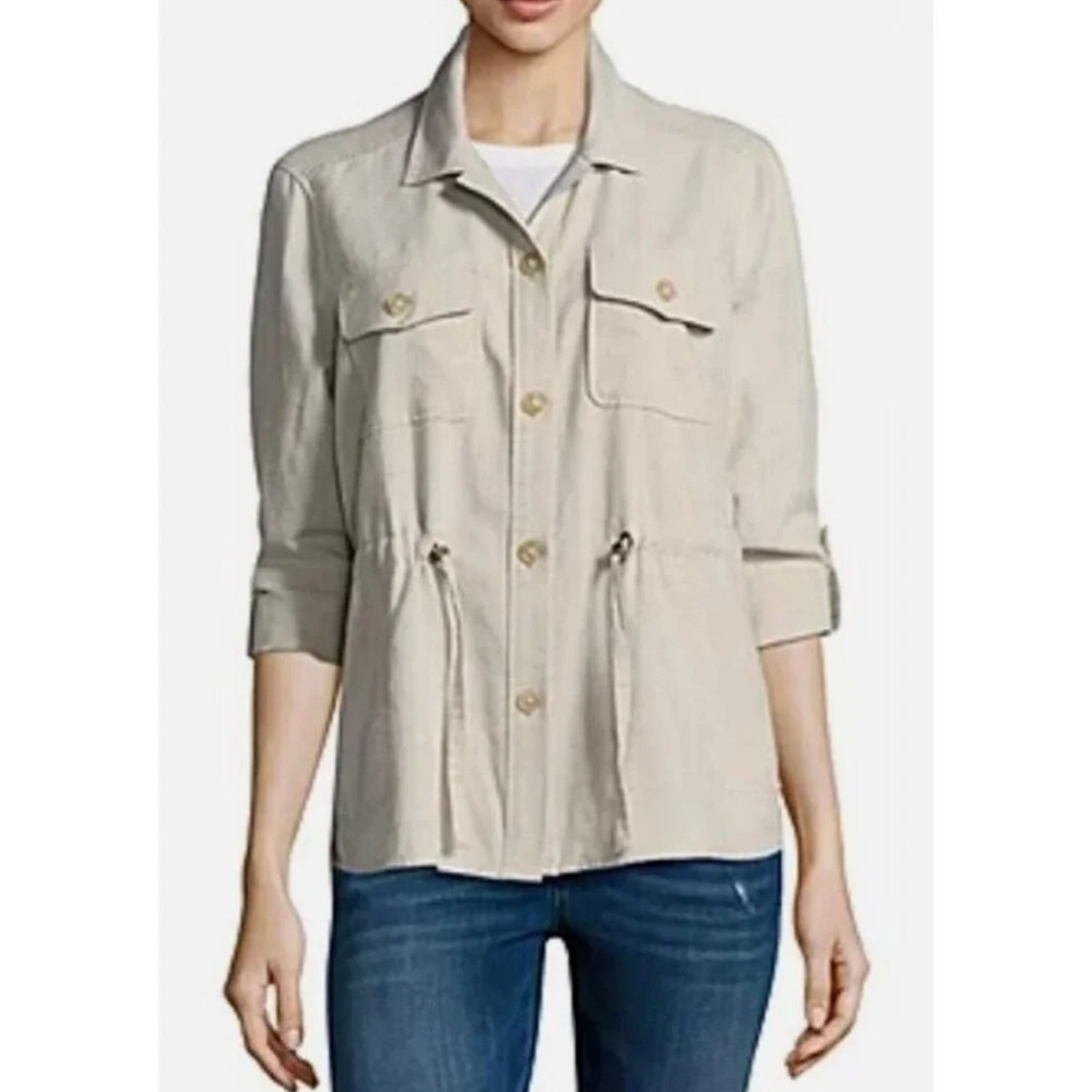 Liz Claiborne Beige Linen Blend Drawstring Waist Safari Field Jacket